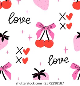 Seamless pattern with cherries and coquette bows on pink background. Heart-shaped cherries with various ribbons. Vector illustration for wrapping paper, packaging, fabric, room decor, phone case etc.