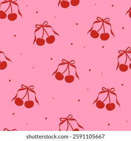 Seamless pattern with cherries and coquette bows on pink background. Cherries with heart. Valentines print. Vector illustration for wrapping paper, packaging, fabric, room decor, phone case etc.