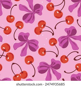 Seamless pattern cherries and coquette ribbon bow. Sweet red cherry, purple bow. Aesthetic wallpaper in trendy retro vintage style. Cute hand drawing cartoon vector illustration isolated on pink