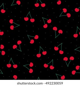 Seamless pattern with cherries and dots on black background.