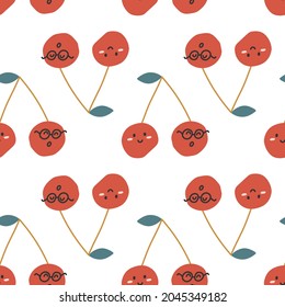 Seamless pattern with cherries with faces on them on white background. For prints, backgrounds, wrapping paper, textile, linen, wallpaper, etc. 