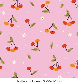 Seamless pattern with cherries, flowers and petals on a pink background. Vector graphics.