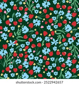Seamless pattern with cherries and flowers. Vector graphics.