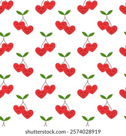 Seamless pattern. Cherries in form hearts, leaves with funny faces. Valentine day element. Vector flat illustration.