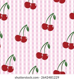 seamless pattern with cherries and gingham for banners, cards, flyers, social media wallpapers, etc.