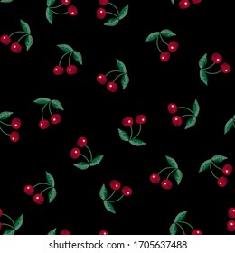 Seamless pattern with cherries and green leaves. Repeatable background with tasty ripe red berries at black backdrop. Vector illustration.