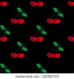 Seamless pattern with cherries with green tail and leaves. Beautiful cherry background. Set of ripe summer berry. 