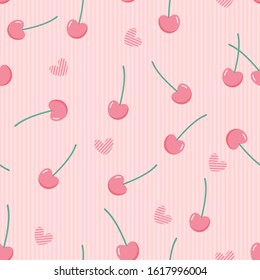 Seamless pattern of cherries and hearts on pink background vector illustration. 