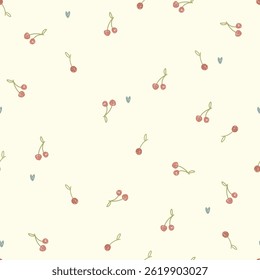 Seamless pattern with cherries and hearts. Vector illustrtaion with smalll hand drawn cherries and cute hearts.