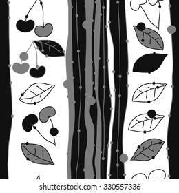 Seamless    pattern  of cherries,  hole, spots, leaves, twigs. Hand drawn.