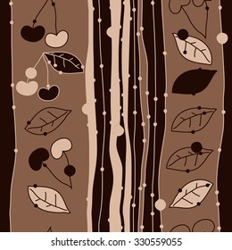 Seamless    pattern  of cherries,  hole, spots, leaves, twigs. Hand drawn.