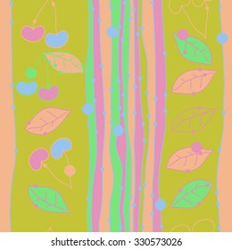 Seamless    pattern  of cherries,  hole, spots, leaves, twigs. Hand drawn.