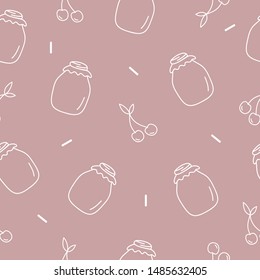 Seamless pattern of cherries and jars of jam on a pink background.