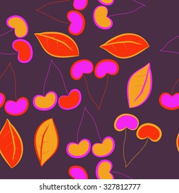 Seamless    pattern  of cherries, leaves , hole, spots. Hand drawn.