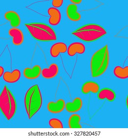 Seamless    pattern  of cherries, leaves , hole, spots. Hand drawn.