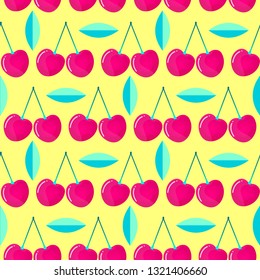 Seamless pattern with cherries and leaves on yellow background. Surface pattern.It be perfect for fabric, wrapping,packaging, digital paper and more.