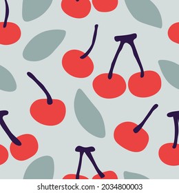 seamless pattern with cherries and leaves on green background.hand drawn cherries  vector.