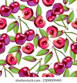 Patrón sin foco con cerezas y hojas sobre un fondo blanco. Cerezas enteras y media fruta de pita. Patrón brillante. Dibujado a mano, estilo de caricatura. Ilustración vectorial.