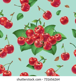 Seamless pattern. Cherries and leaves on a light background.