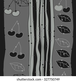 Seamless    pattern  of cherries, leaves and stripes, hole, spots. Hand drawn.