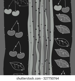 Seamless    pattern  of cherries, leaves and stripes, hole, spots. Hand drawn.