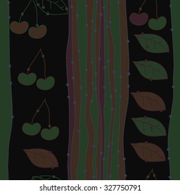 Seamless    pattern  of cherries, leaves and stripes, hole, spots. Hand drawn.