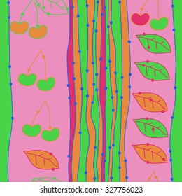 Seamless    pattern  of cherries, leaves and stripes, hole, spots. Hand drawn.
