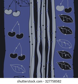Seamless    pattern  of cherries, leaves and stripes, hole, spots. Hand drawn.
