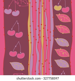 Seamless    pattern  of cherries, leaves and stripes, hole, spots. Hand drawn.
