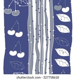 Seamless    pattern  of cherries, leaves and stripes, hole, spots. Hand drawn.