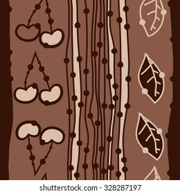 Seamless    pattern  of cherries, leaves and stripes, hole, spots. Hand drawn.