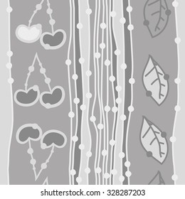 Seamless    pattern  of cherries, leaves and stripes, hole, spots. Hand drawn.