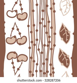 Seamless    pattern  of cherries, leaves and stripes, hole, spots. Hand drawn.