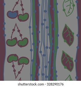 Seamless    pattern  of cherries, leaves and stripes, hole, spots. Hand drawn.