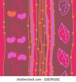 Seamless    pattern  of cherries, leaves and stripes, hole, spots. Hand drawn.