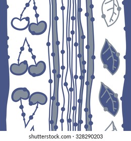 Seamless    pattern  of cherries, leaves and stripes, hole, spots. Hand drawn.