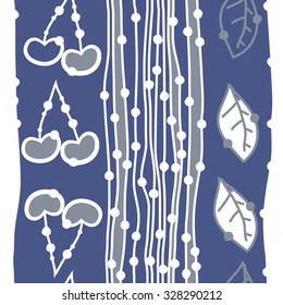 Seamless    pattern  of cherries, leaves and stripes, hole, spots. Hand drawn.