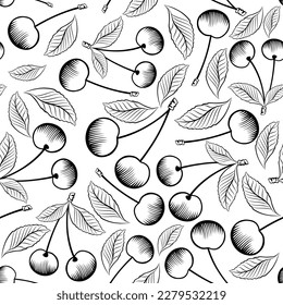 Seamless pattern with cherries and leaves. Summer fruit dessert seamless pattern. Old  print with a stylized pattern. Vector illustration.