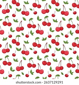 Seamless pattern of cherries and leaves. Vector illustration in flat style. Suitable for banners, fabric, wrapping paper,backgrounds.