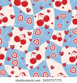 seamless pattern of cherries and love candies in vector