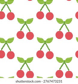 Seamless pattern with cherries made of beads. Bright summer decor in vector style.