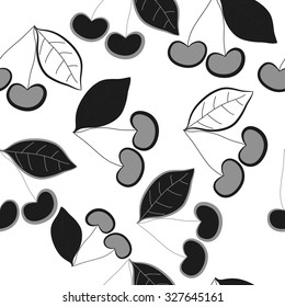 Seamless   pattern with cherries motif, spots, leaves. Hand drawn.