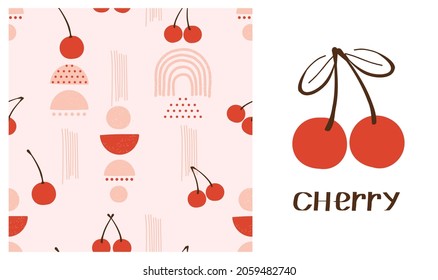 Seamless Pattern With Cherries On Pastel Pink Background Vector Illustration. Mid Century Modern Wall Decoration. Cherry Icon And Hand Written Font Isolated On White Background. 