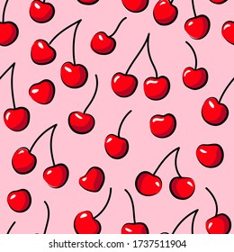 Seamless pattern with cherries on pink background.  Hand drawn vector illustration. Doodle style. Trendy texture for print, textile, packaging, wallpaper. 