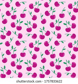 Patrón sin foco con cerezas sobre fondo rosado. Ilustración del vector