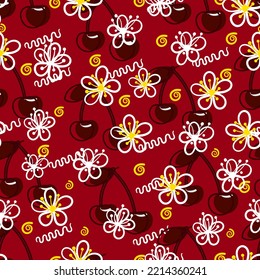 Seamless pattern of cherries. Cherries on a red background. Flat design of cherries with twigs for fabric and textiles, clothing and prints, wallpaper and posters.