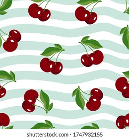 Seamless pattern with cherries on a striped background. Juicy summer print for textiles.