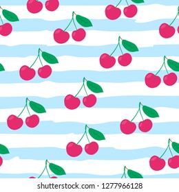 Seamless pattern with cherries on stripped background. Vector illustration in flat style