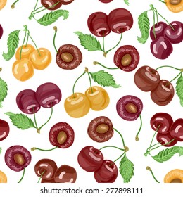 Seamless pattern with cherries on white background. Vector illustration for your design