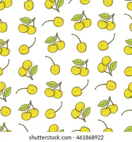 seamless pattern of cherries on white background. Sketch style.